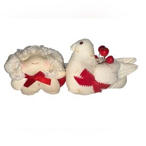 Cream Plush Angel and Dove Set with Red Accents